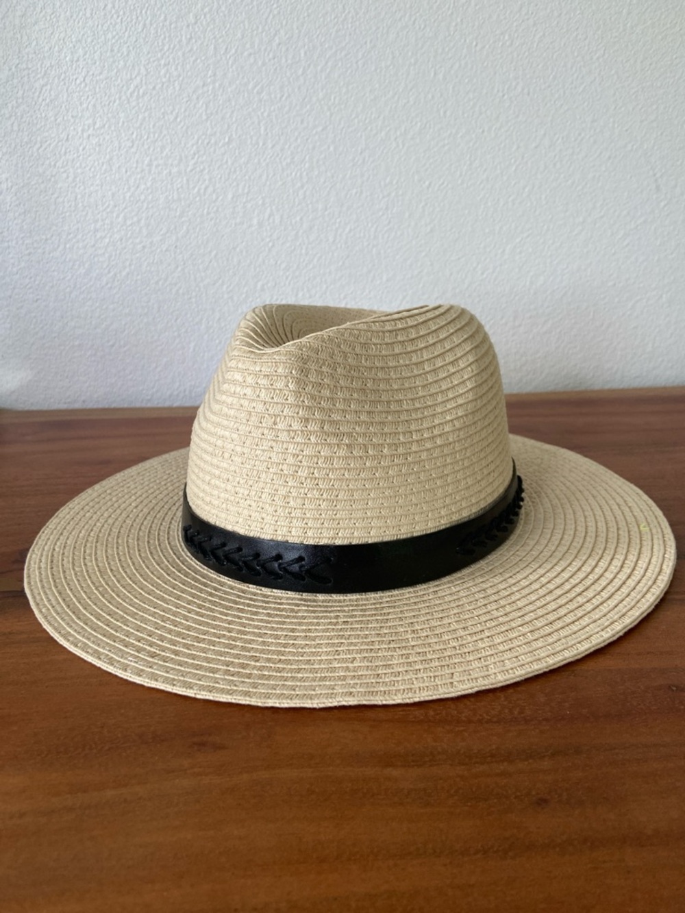 Urban Outfitters straw fedora hat with black braided vegan leather strap OSFM